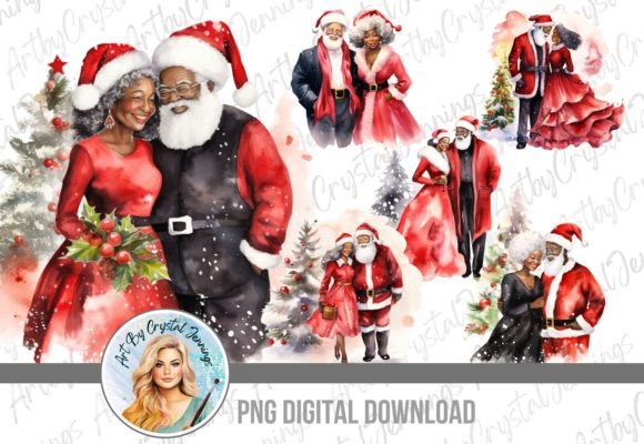 Black Santa Mrs. Claus PNG: Modern Illustrations