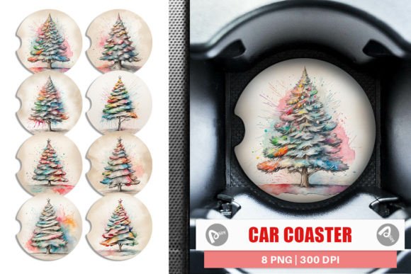 Car Coaster Watercolor Christmas Tree Illustrations