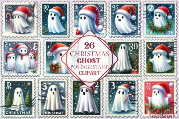 Christmas Ghost Postage Stamp Clipart: Festive Illustrations