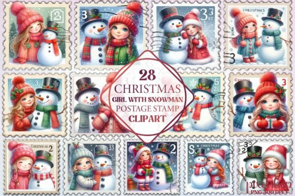 Christmas Girl with Snowman Postage Stam Illustrations
