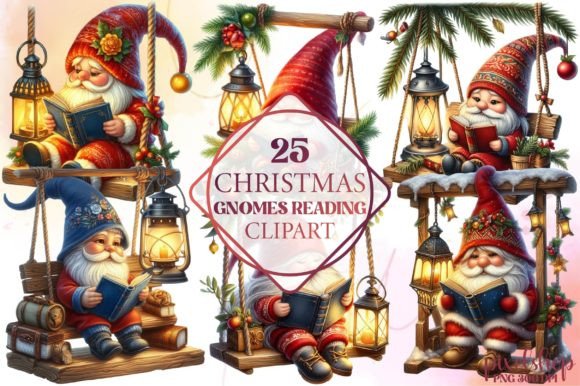 Christmas Gnomes Reading Clipart: Illustrations