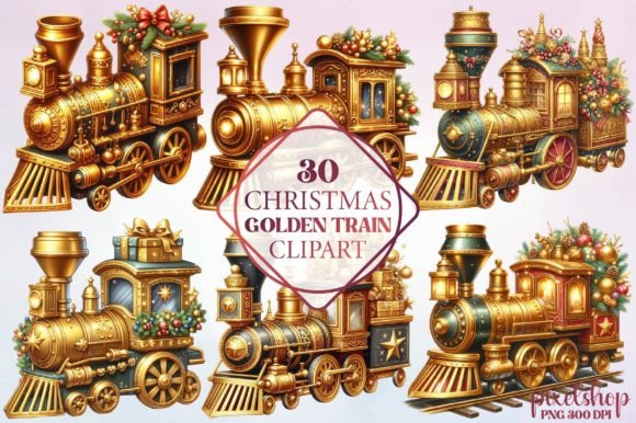 Christmas Golden Train Clipart: Editorial Illustrations