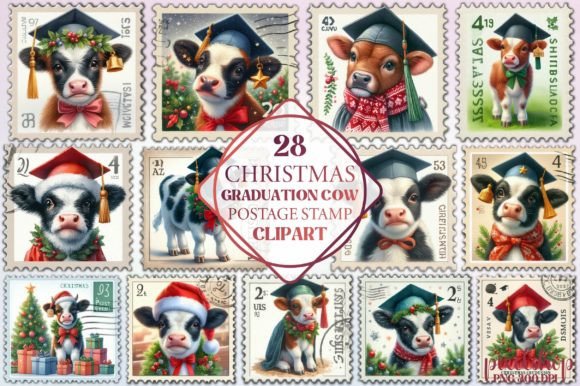 Christmas Graduation Cow Stamp Illustrations