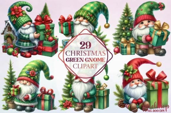 Christmas Green Gnome Clipart: Crafting Illustrations