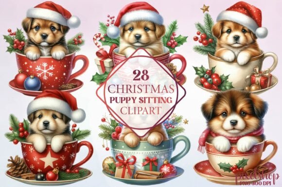 Christmas Puppy Sitting Clipart: Festive Illustrations