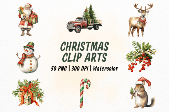 Christmas Theme Watercolor Clipart: Festive Illustrations