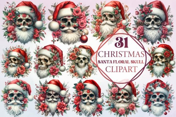 Christmas Vintage Santa Floral Skull Illustrations Review