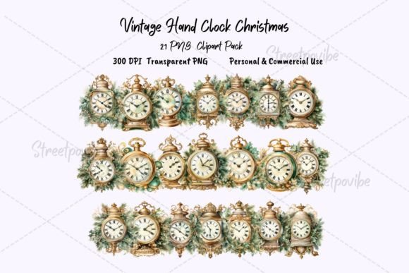 Vintage Christmas Clock Watercolor PNG: Illustrations Review