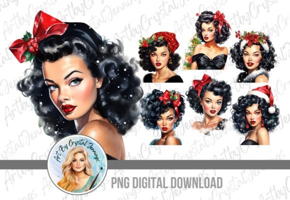 Vintage Watercolor Christmas Pin Up Girl Illustrations