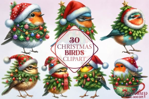 Watercolor Christmas Birds Clipart for Illustrations