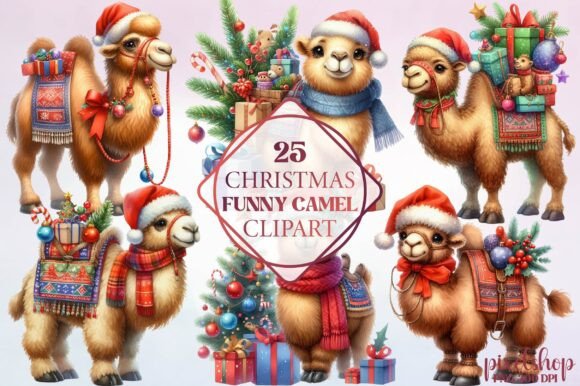Watercolor Christmas Camel Clipart & Illustrations
