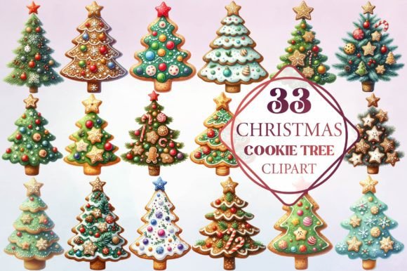 Watercolor Christmas Cookie Tree Clipart for Illustrations