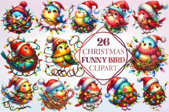 Watercolor Christmas Funny Bird Clipart for Illustrations