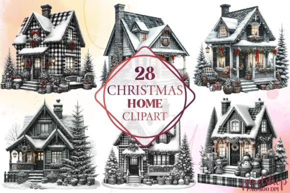Watercolor Christmas Home Clipart Illustrations