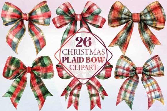 Watercolor Christmas Plaid Bow Clipart for Illustrations