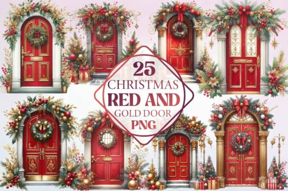 Watercolor Christmas Red and Gold Door Illustrations